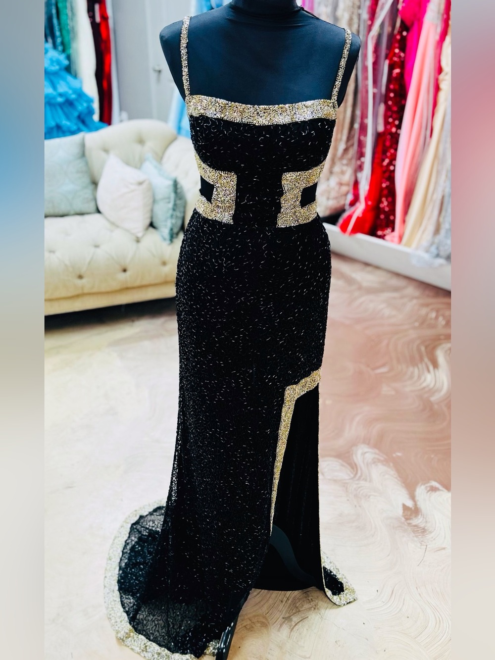 Black & Gold Beaded Prom Gown